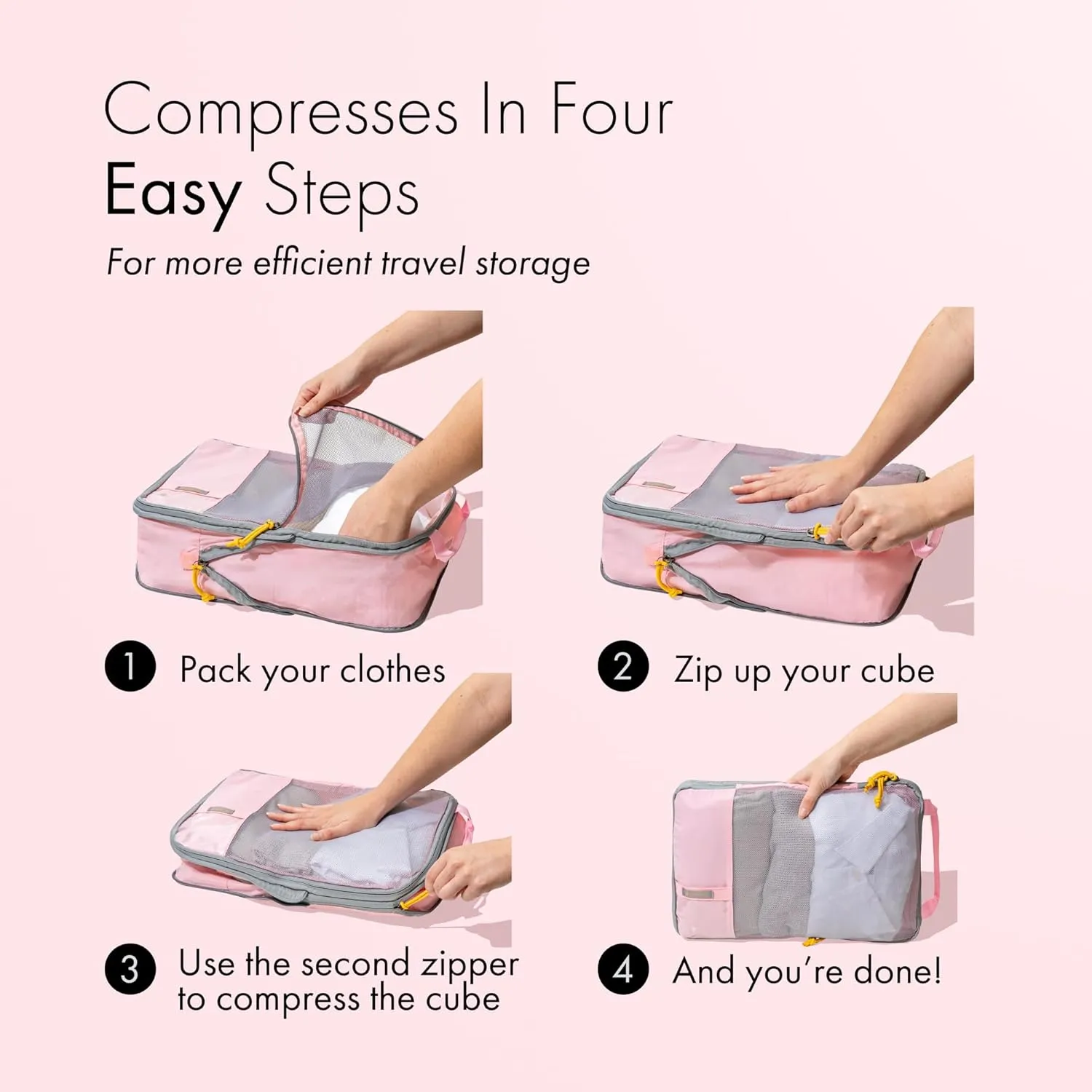 (Not Made In China) Compression Packing Cubes For Travel 6pc Set, Suitcase and Luggage Organizer Bags, Lightweight, Durable (6pc, Baby Pink)