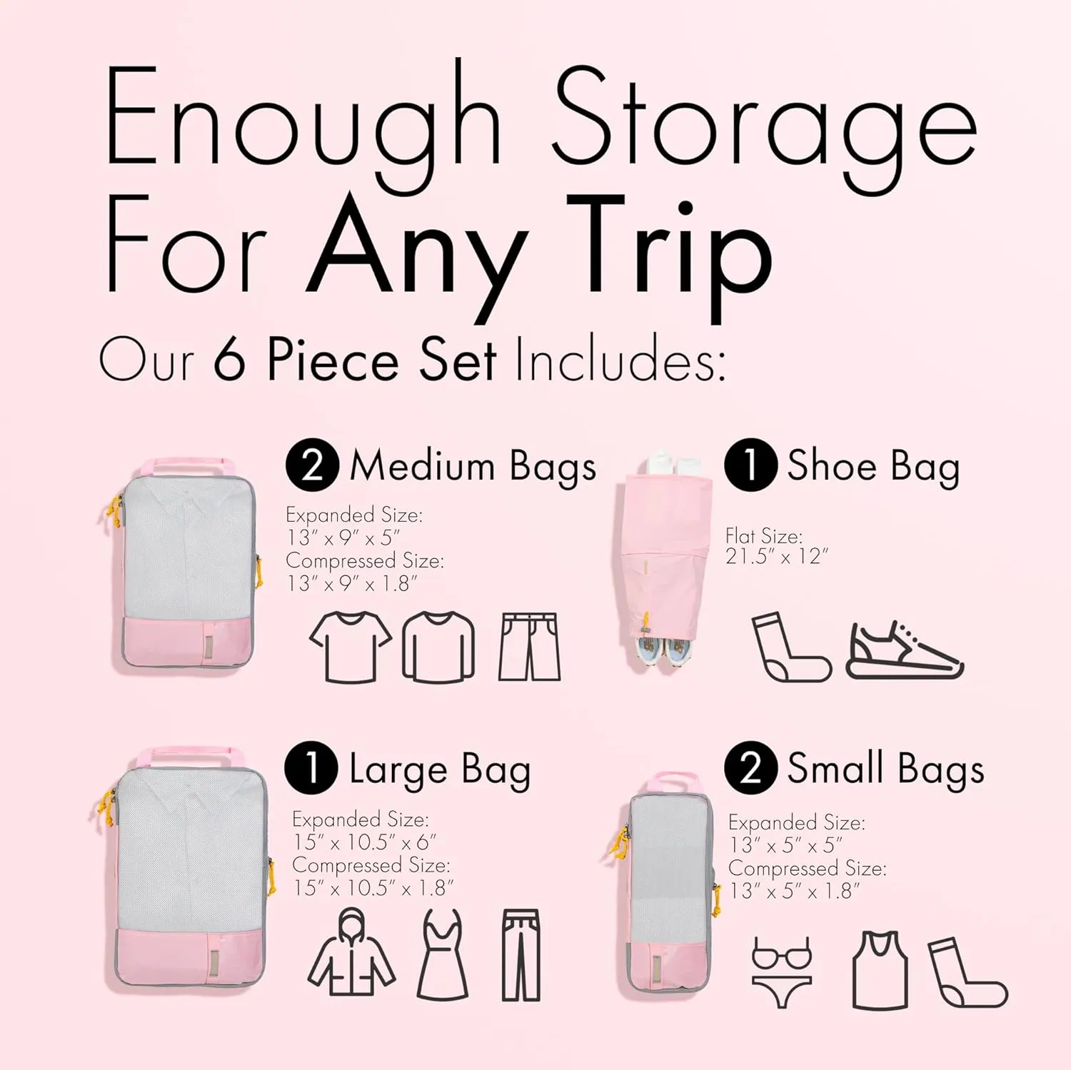 (Not Made In China) Compression Packing Cubes For Travel 6pc Set, Suitcase and Luggage Organizer Bags, Lightweight, Durable (6pc, Baby Pink)