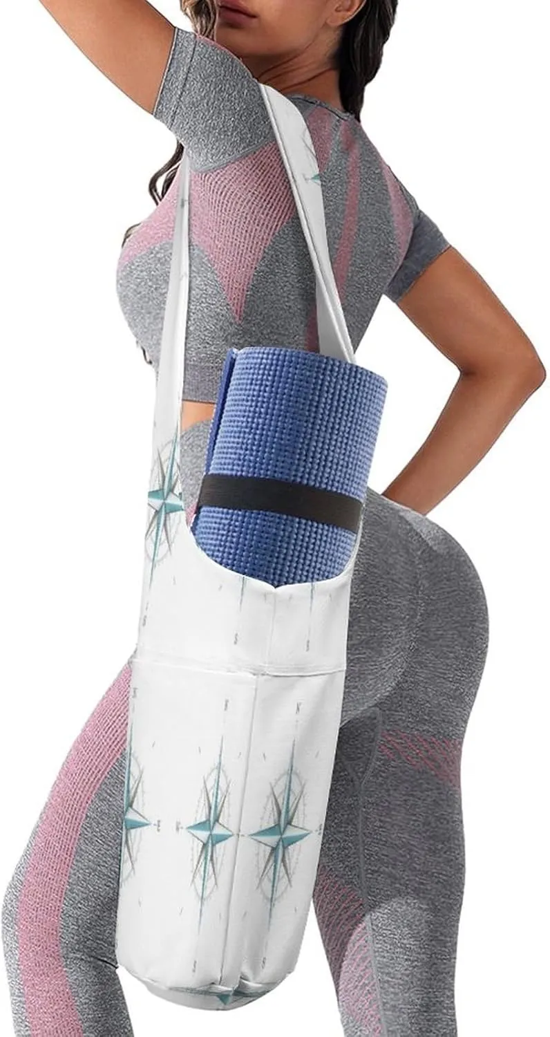 Nugier Yoga Mat Bag, Soft Canvas Storage Bag Fashion Mat Bag Pocket Shoulder Strap Clothes Dorm Organizer Print Antique Wind Rose Symbol for Navigation Isolated White