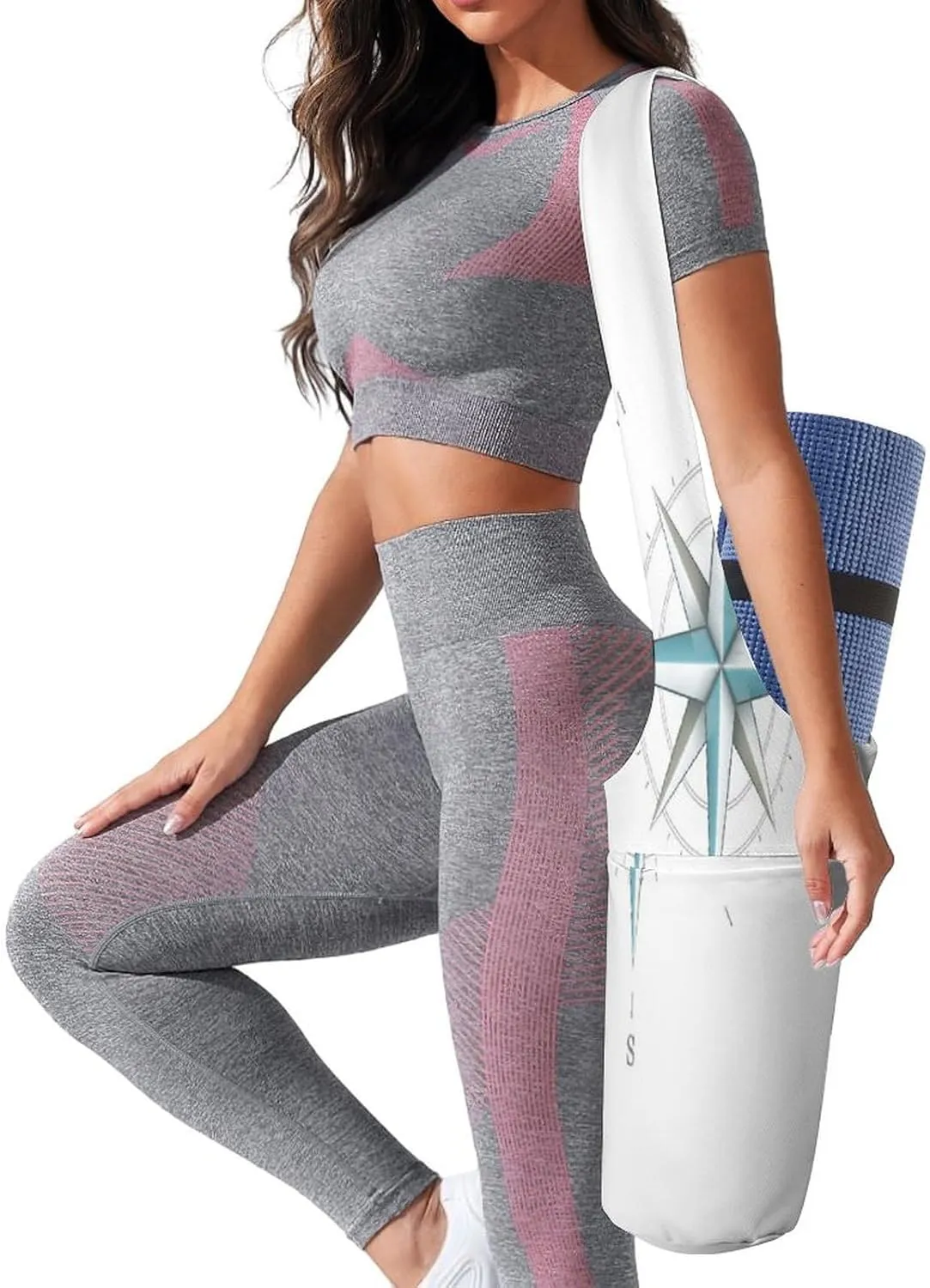 Nugier Yoga Mat Bag, Soft Canvas Storage Bag Fashion Mat Bag Pocket Shoulder Strap Clothes Dorm Organizer Print Antique Wind Rose Symbol for Navigation Isolated White