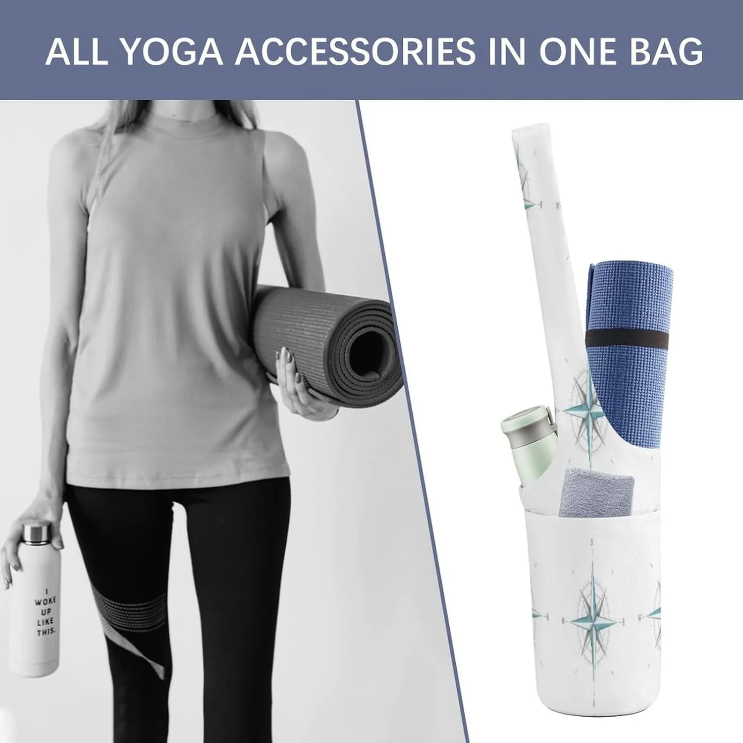 Nugier Yoga Mat Bag, Soft Canvas Storage Bag Fashion Mat Bag Pocket Shoulder Strap Clothes Dorm Organizer Print Antique Wind Rose Symbol for Navigation Isolated White