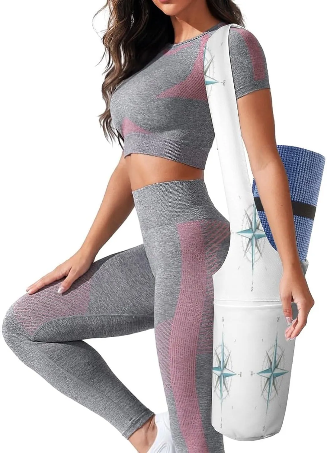 Nugier Yoga Mat Bag, Soft Canvas Storage Bag Fashion Mat Bag Pocket Shoulder Strap Clothes Dorm Organizer Print Antique Wind Rose Symbol for Navigation Isolated White