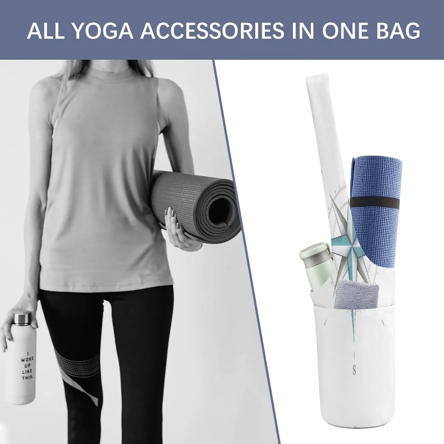 Nugier Yoga Mat Bag, Soft Canvas Storage Bag Fashion Mat Bag Pocket Shoulder Strap Clothes Dorm Organizer Print Antique Wind Rose Symbol for Navigation Isolated White
