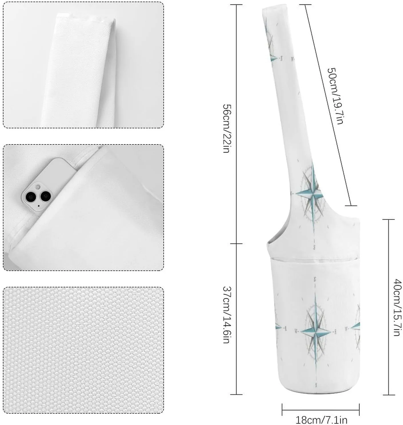 Nugier Yoga Mat Bag, Soft Canvas Storage Bag Fashion Mat Bag Pocket Shoulder Strap Clothes Dorm Organizer Print Antique Wind Rose Symbol for Navigation Isolated White