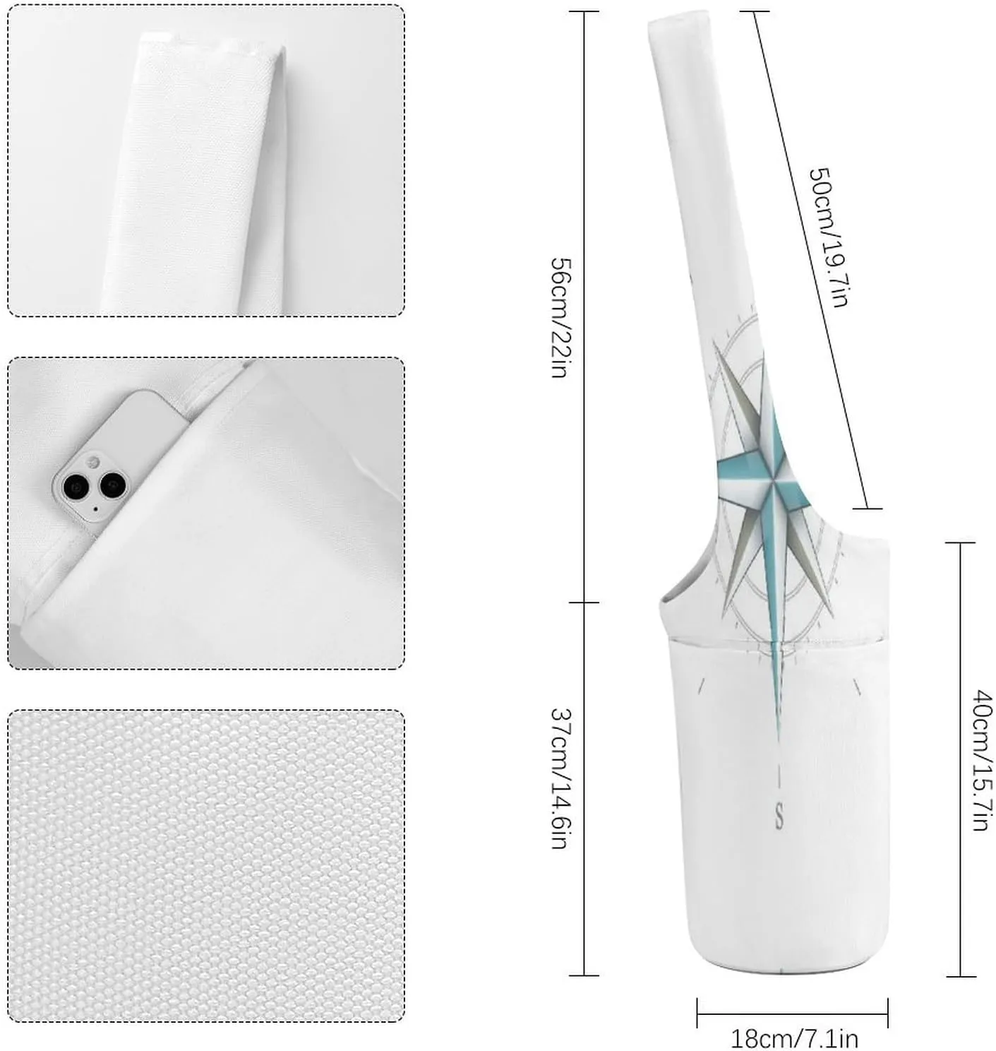 Nugier Yoga Mat Bag, Soft Canvas Storage Bag Fashion Mat Bag Pocket Shoulder Strap Clothes Dorm Organizer Print Antique Wind Rose Symbol for Navigation Isolated White