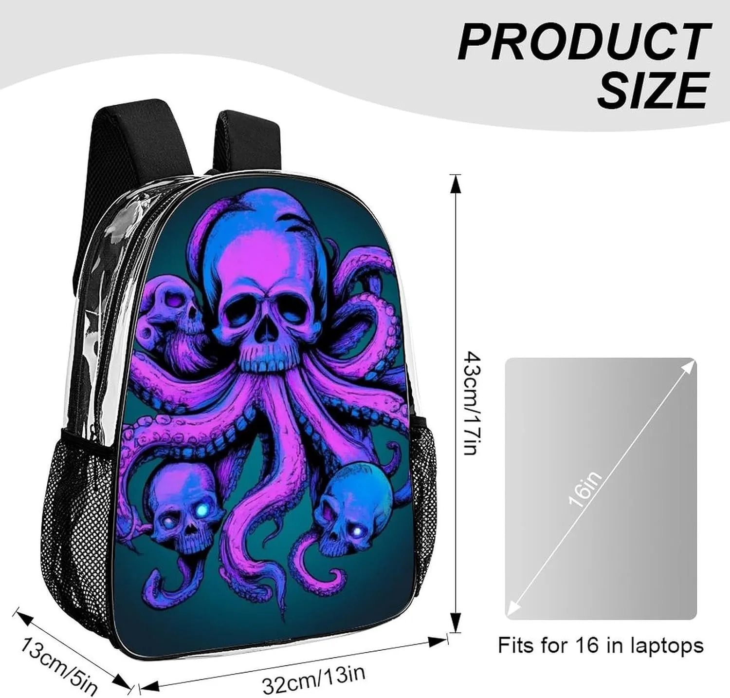 Octopus Skull Art Shoulder Book Bags Transparent Multipurpose Anti-Theft Carry On Bag Large Capacity Travel Hiking & Camping Rucksack