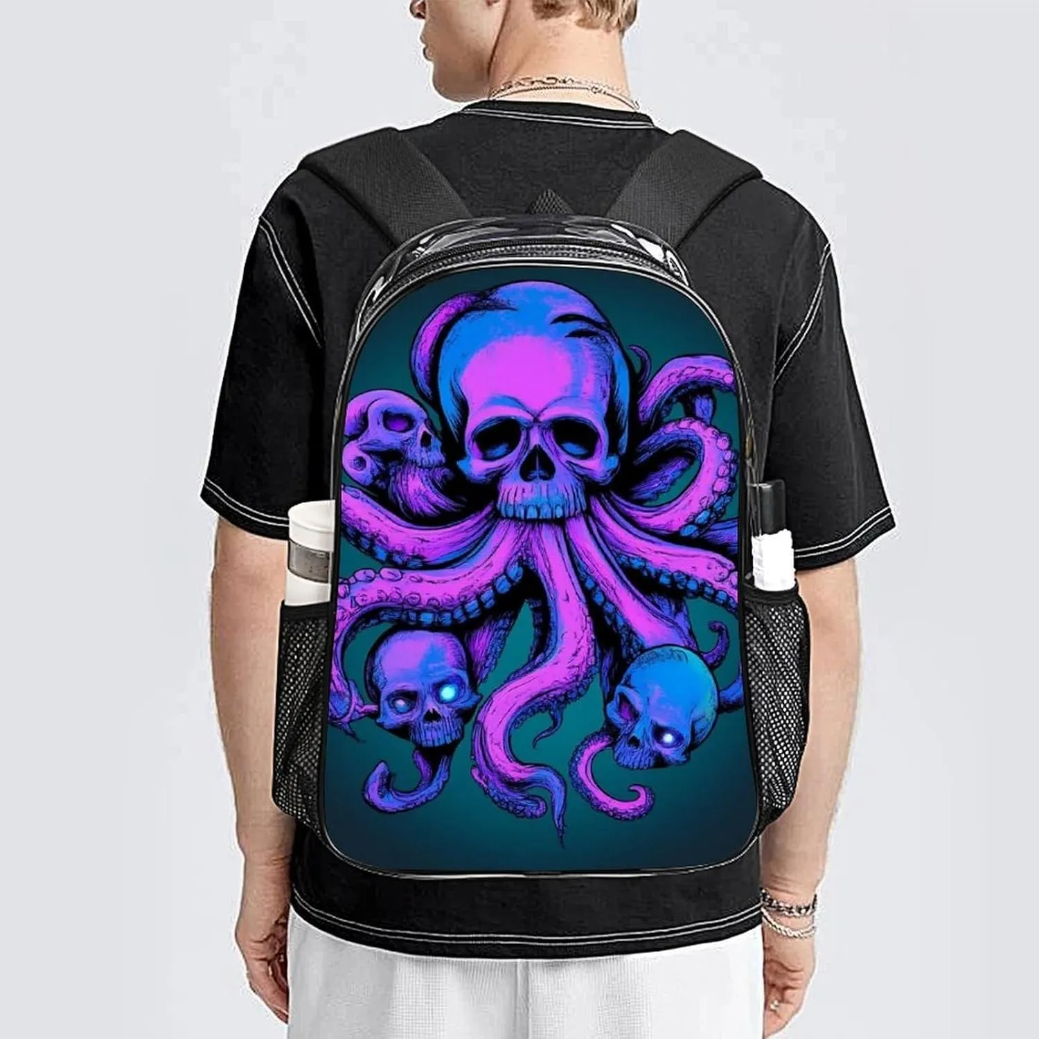 Octopus Skull Art Shoulder Book Bags Transparent Multipurpose Anti-Theft Carry On Bag Large Capacity Travel Hiking & Camping Rucksack