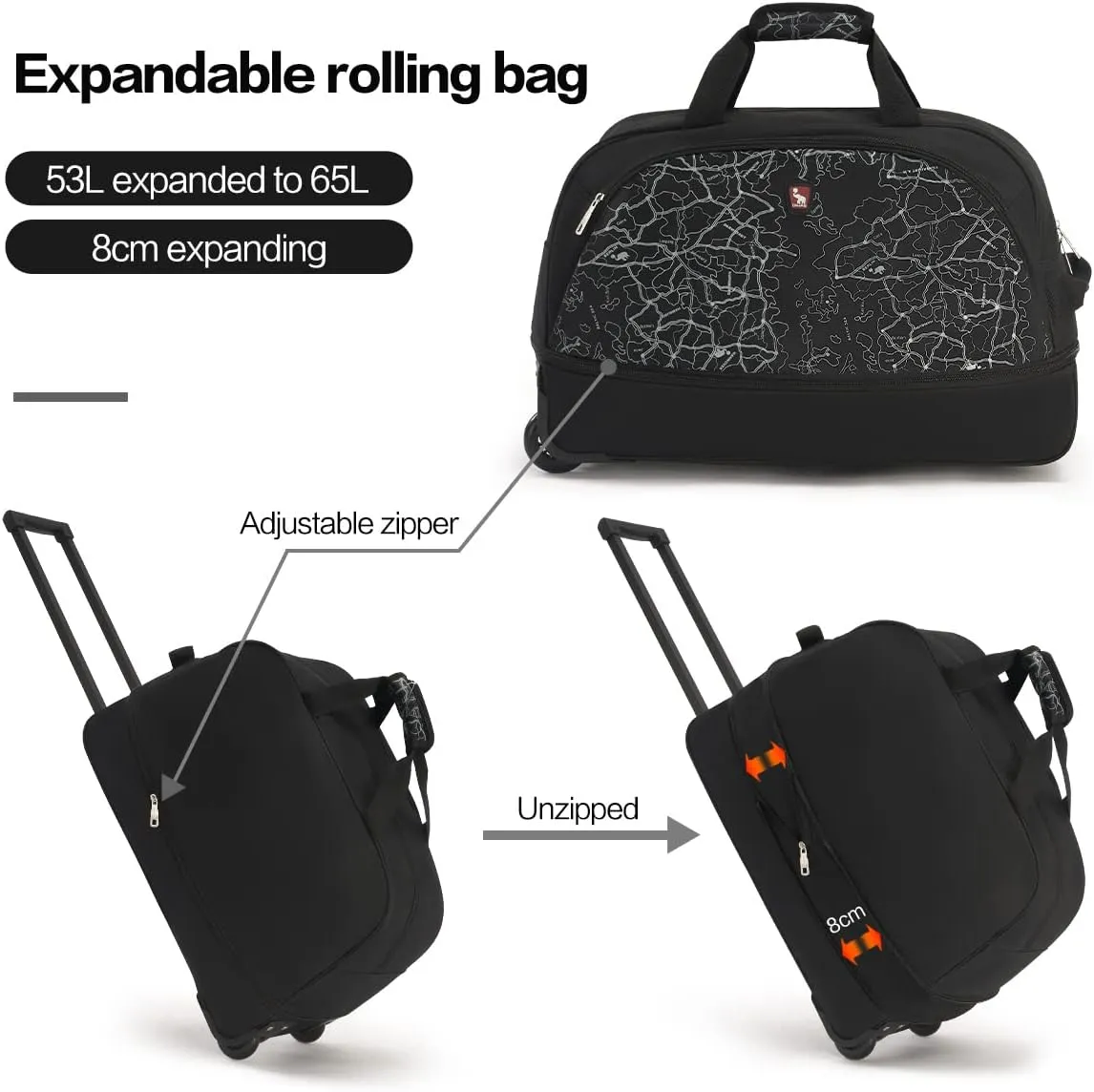 OIWAS Small Rolling Duffle Bag with Wheels Travel 22 inch Carry On Luggage Tote Unisex-Adult Short Term Trips Expandable 50L to 60L