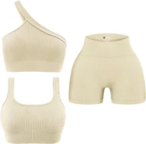 OLCHEE Womens 3 Piece Workout Sets - Seamless Ribbed Yoga Outfits Sports Bra One Shoulder Top Biker Shorts Gym Athletic Cloth