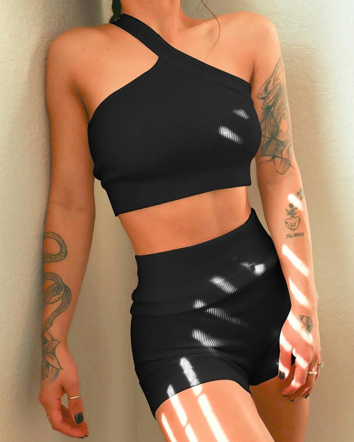 OLCHEE Womens 3 Piece Workout Sets - Seamless Ribbed Yoga Outfits Sports Bra One Shoulder Top Biker Shorts Gym Athletic Cloth