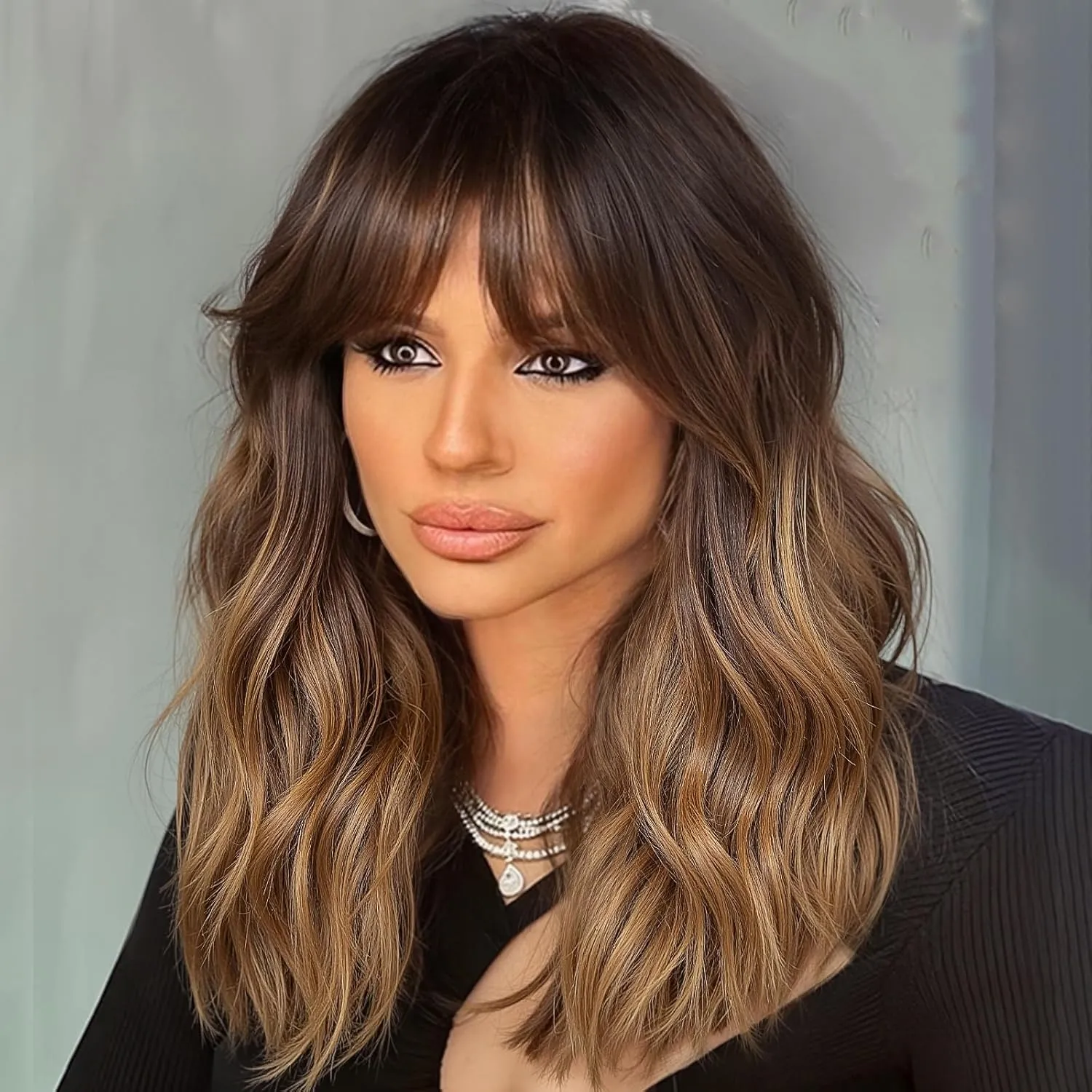 Ombre Brown Wig with Bangs,Black mix Brown Highlight Wavy Wigs for Women,Shoulder Length Curly Synthetic Hair Wig for Party Daily Use 18IN…