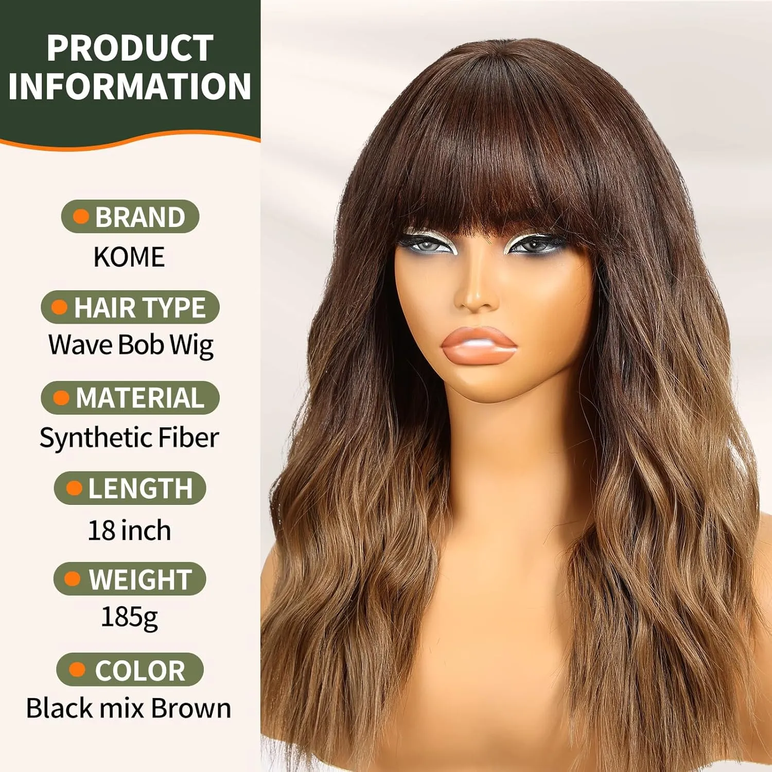Ombre Brown Wig with Bangs,Black mix Brown Highlight Wavy Wigs for Women,Shoulder Length Curly Synthetic Hair Wig for Party Daily Use 18IN…