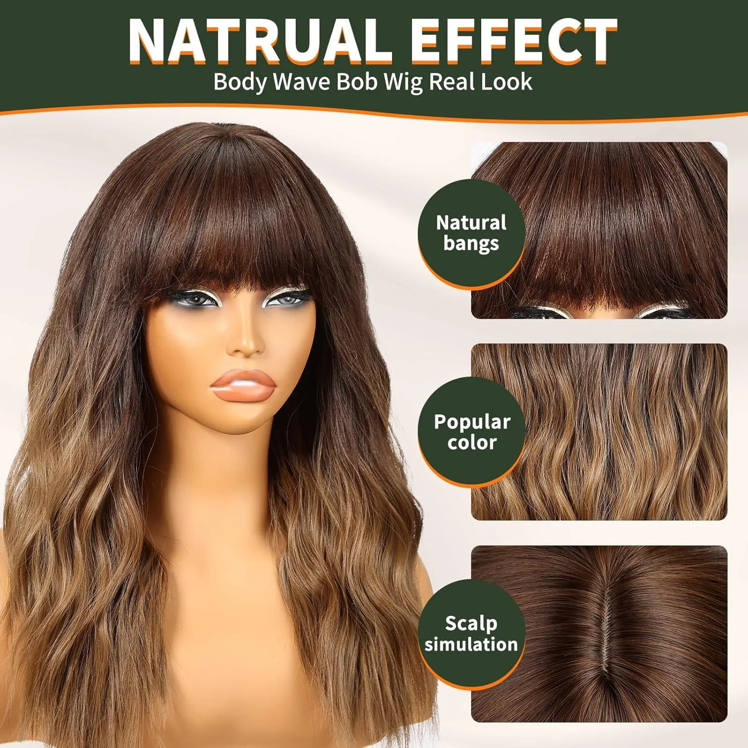 Ombre Brown Wig with Bangs,Black mix Brown Highlight Wavy Wigs for Women,Shoulder Length Curly Synthetic Hair Wig for Party Daily Use 18IN…