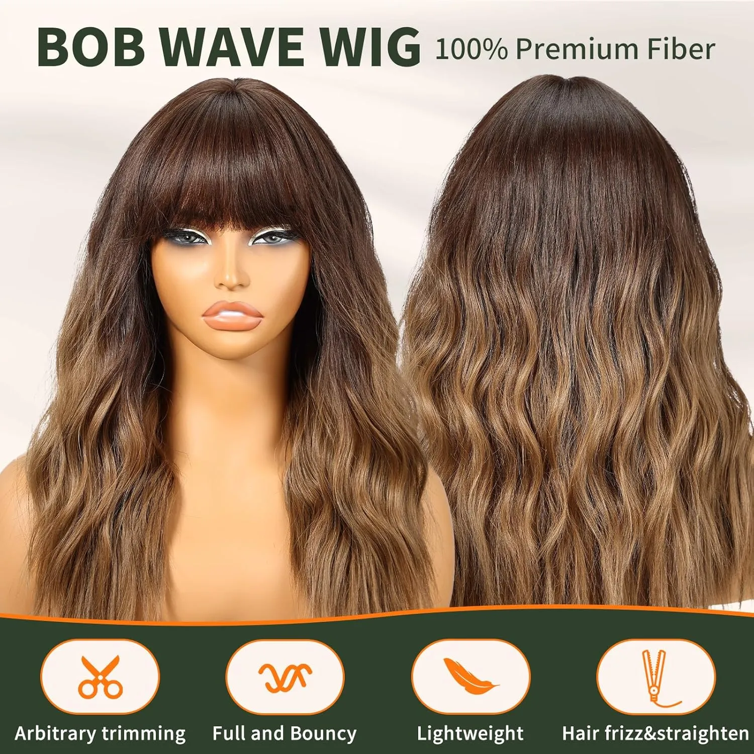 Ombre Brown Wig with Bangs,Black mix Brown Highlight Wavy Wigs for Women,Shoulder Length Curly Synthetic Hair Wig for Party Daily Use 18IN…