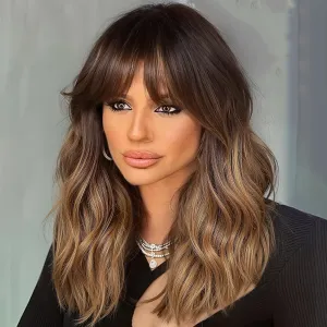 Ombre Brown Wig with Bangs,Black mix Brown Highlight Wavy Wigs for Women,Shoulder Length Curly Synthetic Hair Wig for Party Daily Use 18IN…