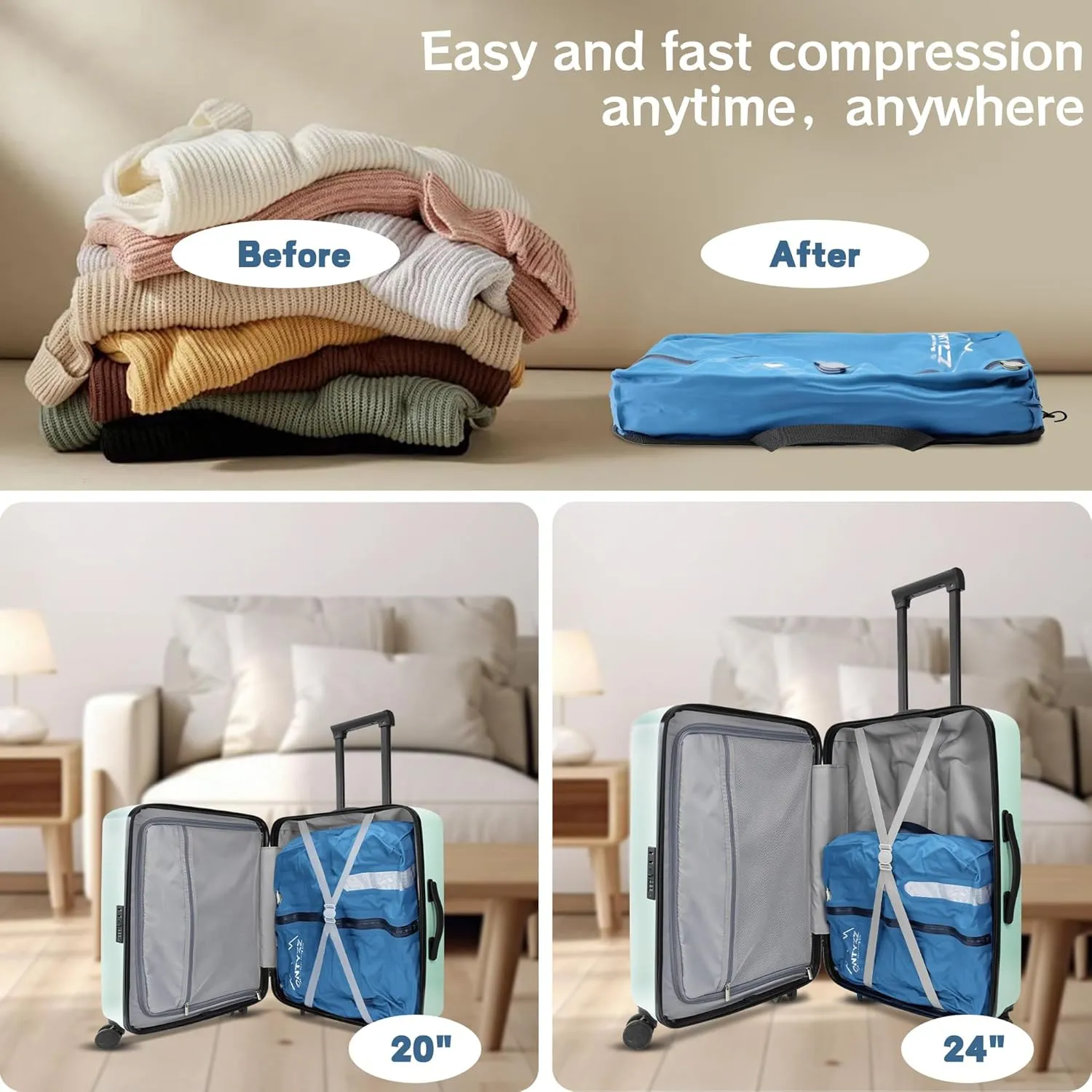 ONTYZZ Travel Vacuum Compression Bags Reusable Compression Bag with IP67 Waterproof Zipper Space Saver Vacuum Bags for Suitcase,One Pack Blue