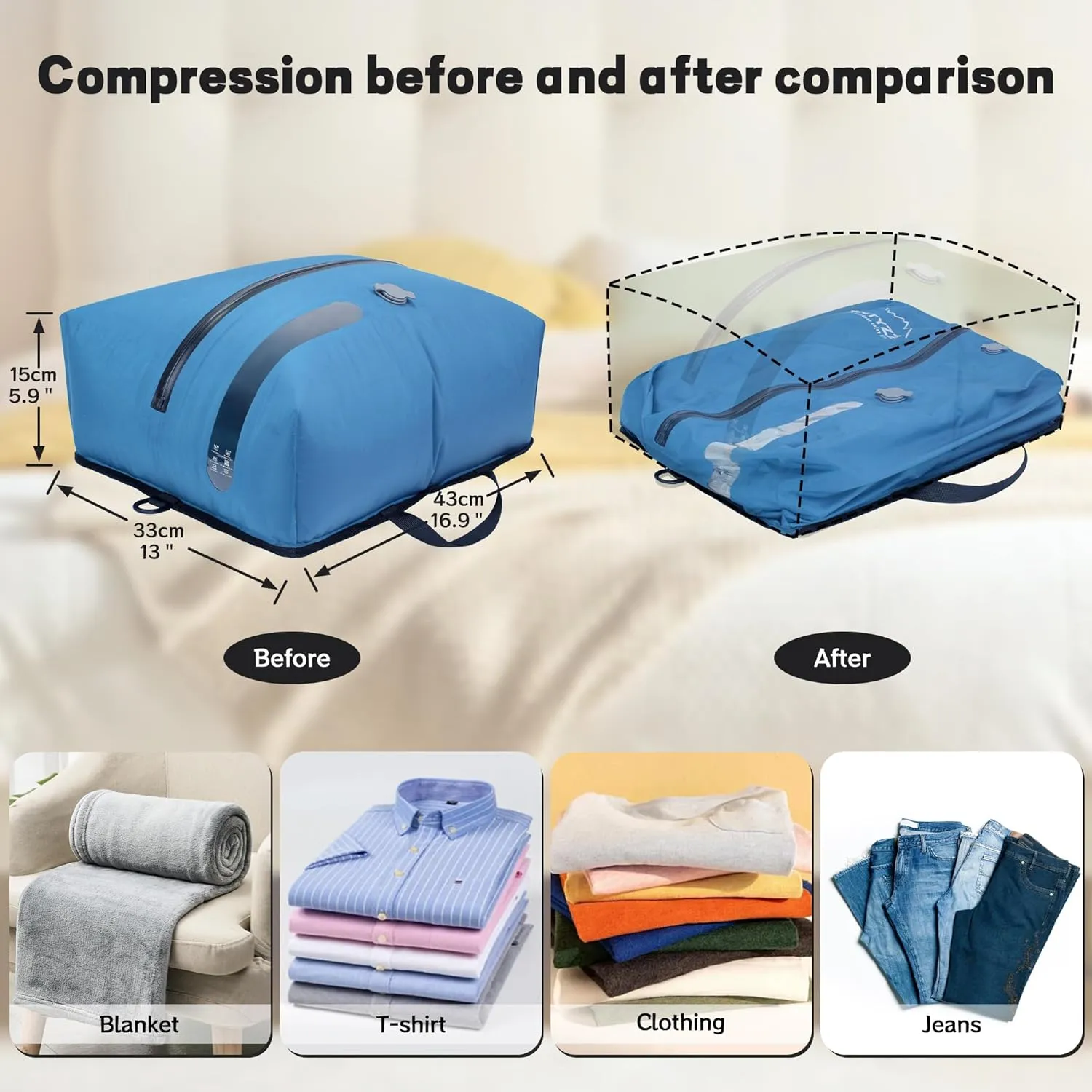ONTYZZ Travel Vacuum Compression Bags Reusable Compression Bag with IP67 Waterproof Zipper Space Saver Vacuum Bags for Suitcase,One Pack Blue