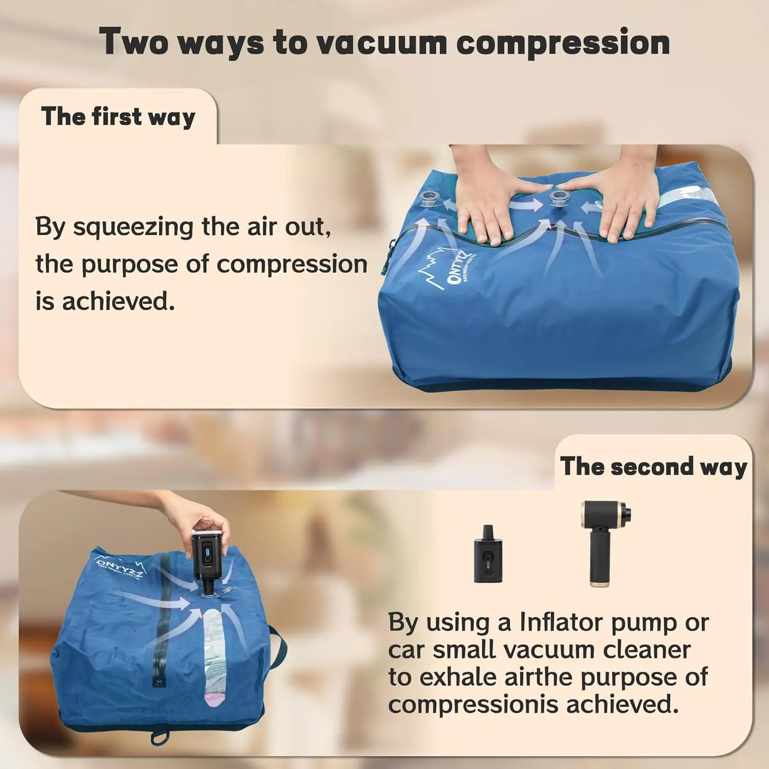 ONTYZZ Travel Vacuum Compression Bags Reusable Compression Bag with IP67 Waterproof Zipper Space Saver Vacuum Bags for Suitcase,One Pack Blue