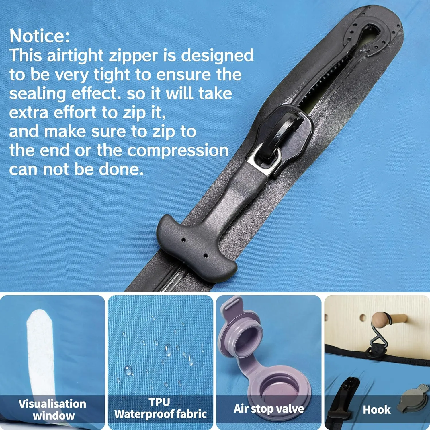 ONTYZZ Travel Vacuum Compression Bags Reusable Compression Bag with IP67 Waterproof Zipper Space Saver Vacuum Bags for Suitcase,One Pack Blue