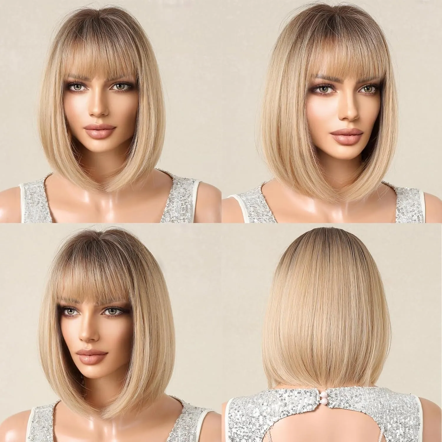oremiy Ombre Brown Blonde Bob Wig with Bangs Natural Short Straight Wigs for Women Shoulder Length Synthetic Wigs for Daily Cosplay