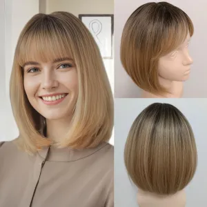 oremiy Ombre Brown Blonde Bob Wig with Bangs Natural Short Straight Wigs for Women Shoulder Length Synthetic Wigs for Daily Cosplay