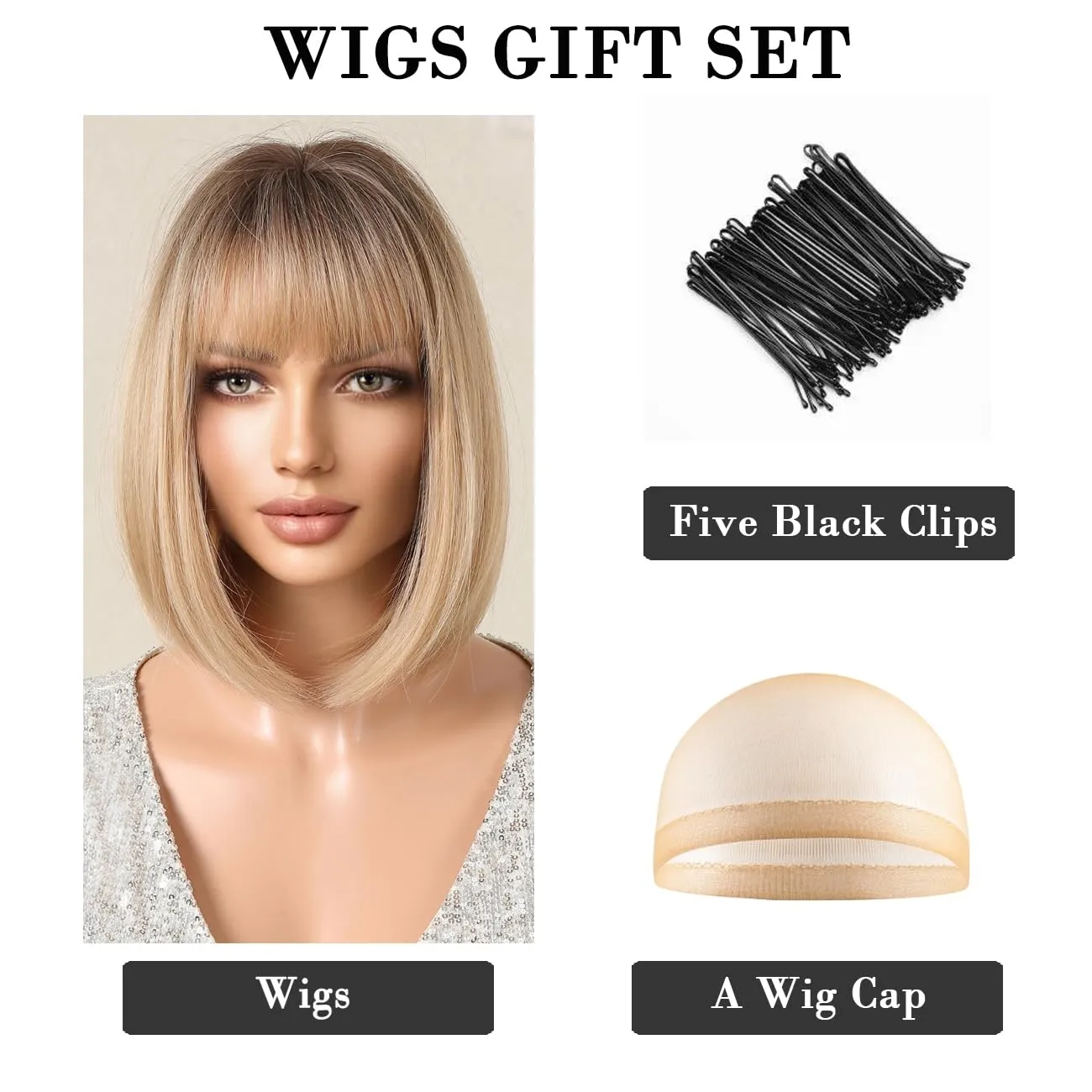 oremiy Ombre Brown Blonde Bob Wig with Bangs Natural Short Straight Wigs for Women Shoulder Length Synthetic Wigs for Daily Cosplay