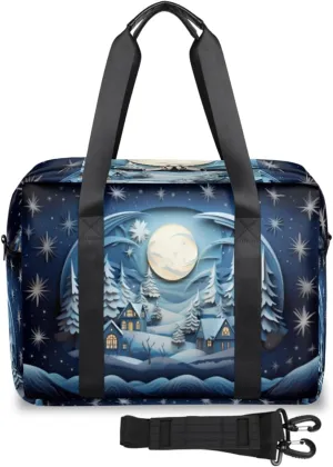 Paper Art Style Christmas Night Womens Travel Bags, Weekender Carry on for Women, Sports Gym Bag, Workout Duffel bag, Overnight Shoulder Bag