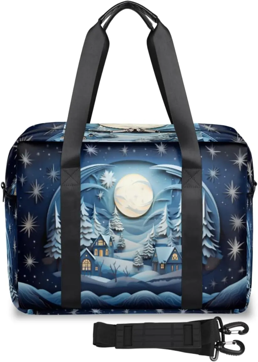 Paper Art Style Christmas Night Womens Travel Bags, Weekender Carry on for Women, Sports Gym Bag, Workout Duffel bag, Overnight Shoulder Bag