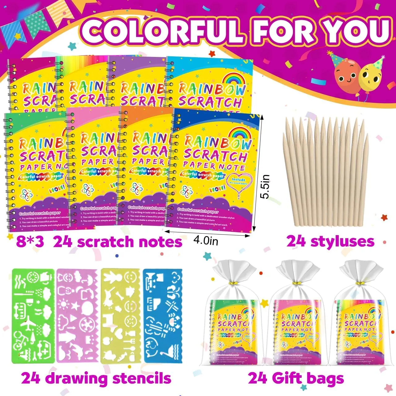 Party Favors for Kids 4-8-12: 24 Pack Scratch Rainbow Art Crafts Notebook, Coloring Book Goodie Bags Stuffers Kit, Bulk Birthday Gift Classroom Prizes Girl Boy Toddler