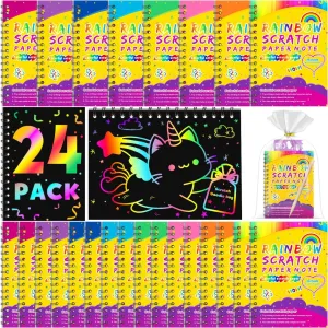 Party Favors for Kids 4-8-12: 24 Pack Scratch Rainbow Art Crafts Notebook, Coloring Book Goodie Bags Stuffers Kit, Bulk Birthday Gift Classroom Prizes Girl Boy Toddler