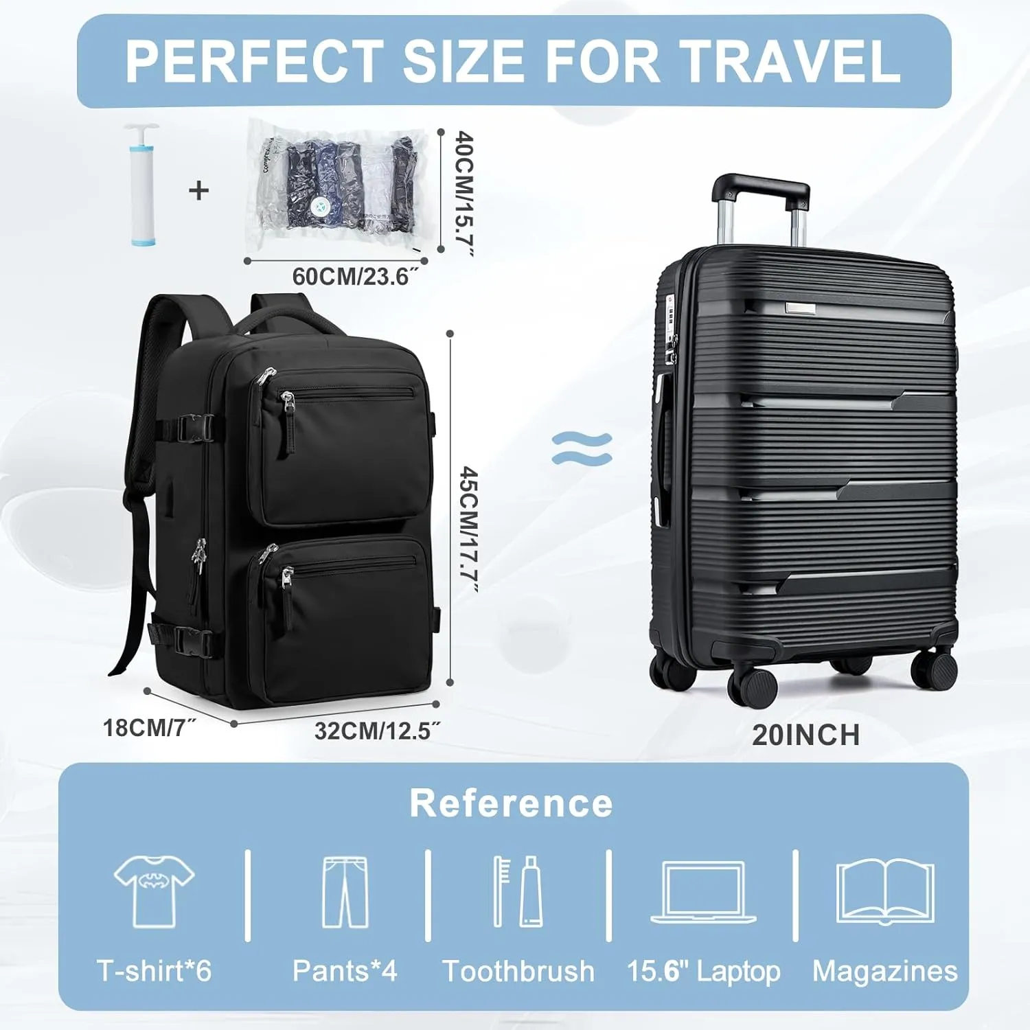 PAUBACK Large Vacuum Backpack for Travel with Hand Pump, Carry on Backpack with Detachable Compression Bag for Women Men, Luggage Flight Approved Backpacks for Flight Approved - Black