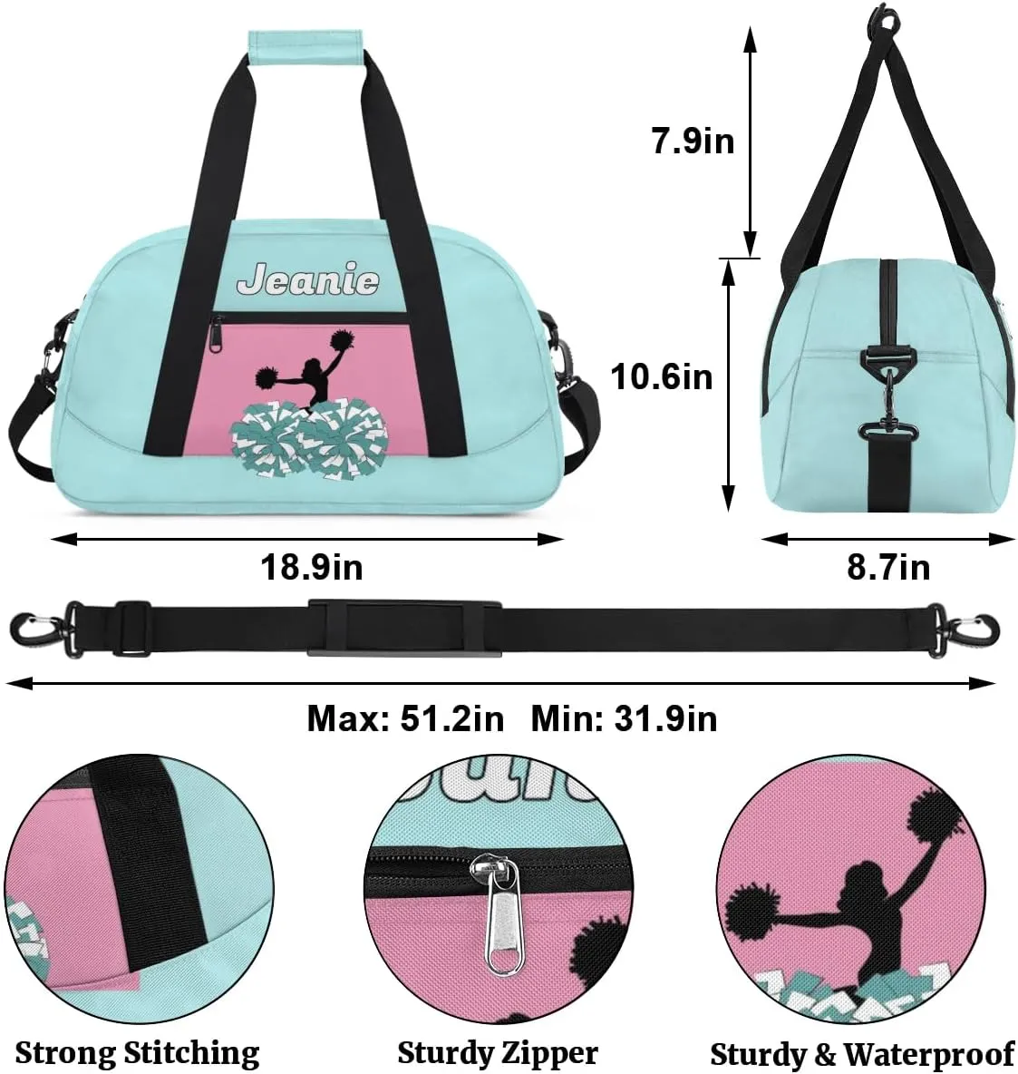 Personalized Cheerleader Bag Cheer Duffel Bag Customized Cheerleaders Bag with Your Name Travel Overnight Bag Gym Bag, Mint Blue