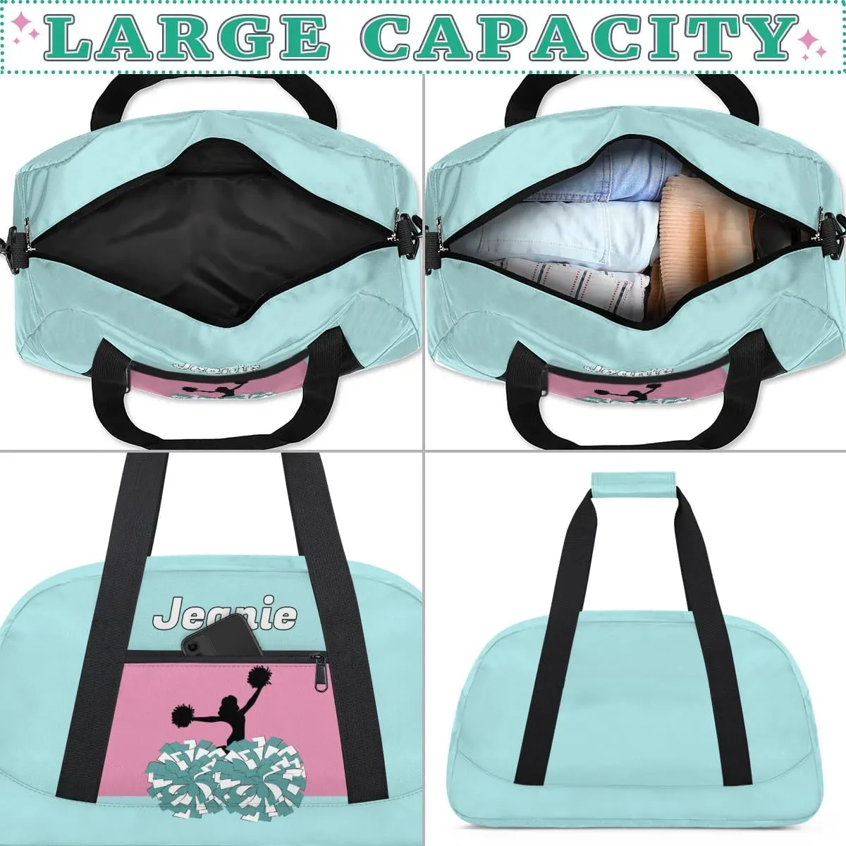 Personalized Cheerleader Bag Cheer Duffel Bag Customized Cheerleaders Bag with Your Name Travel Overnight Bag Gym Bag, Mint Blue