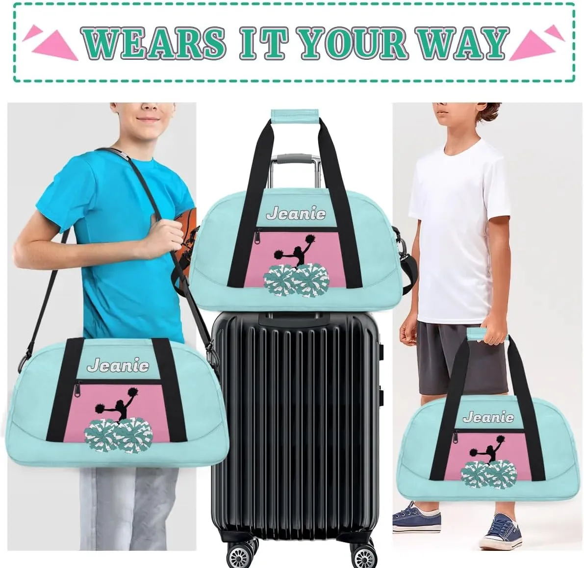 Personalized Cheerleader Bag Cheer Duffel Bag Customized Cheerleaders Bag with Your Name Travel Overnight Bag Gym Bag, Mint Blue