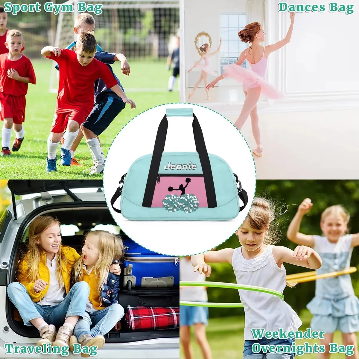 Personalized Cheerleader Bag Cheer Duffel Bag Customized Cheerleaders Bag with Your Name Travel Overnight Bag Gym Bag, Mint Blue
