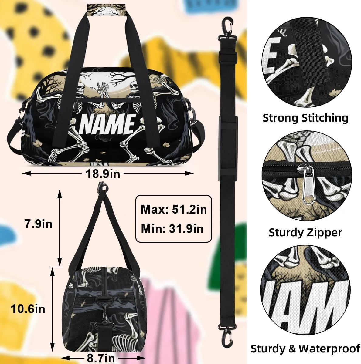 Personalized Custom Gym Bag for Women Men Carry on Funny Skeleton Travel Duffel Tote Dancing Skull Overnight Workout Weekender Bag