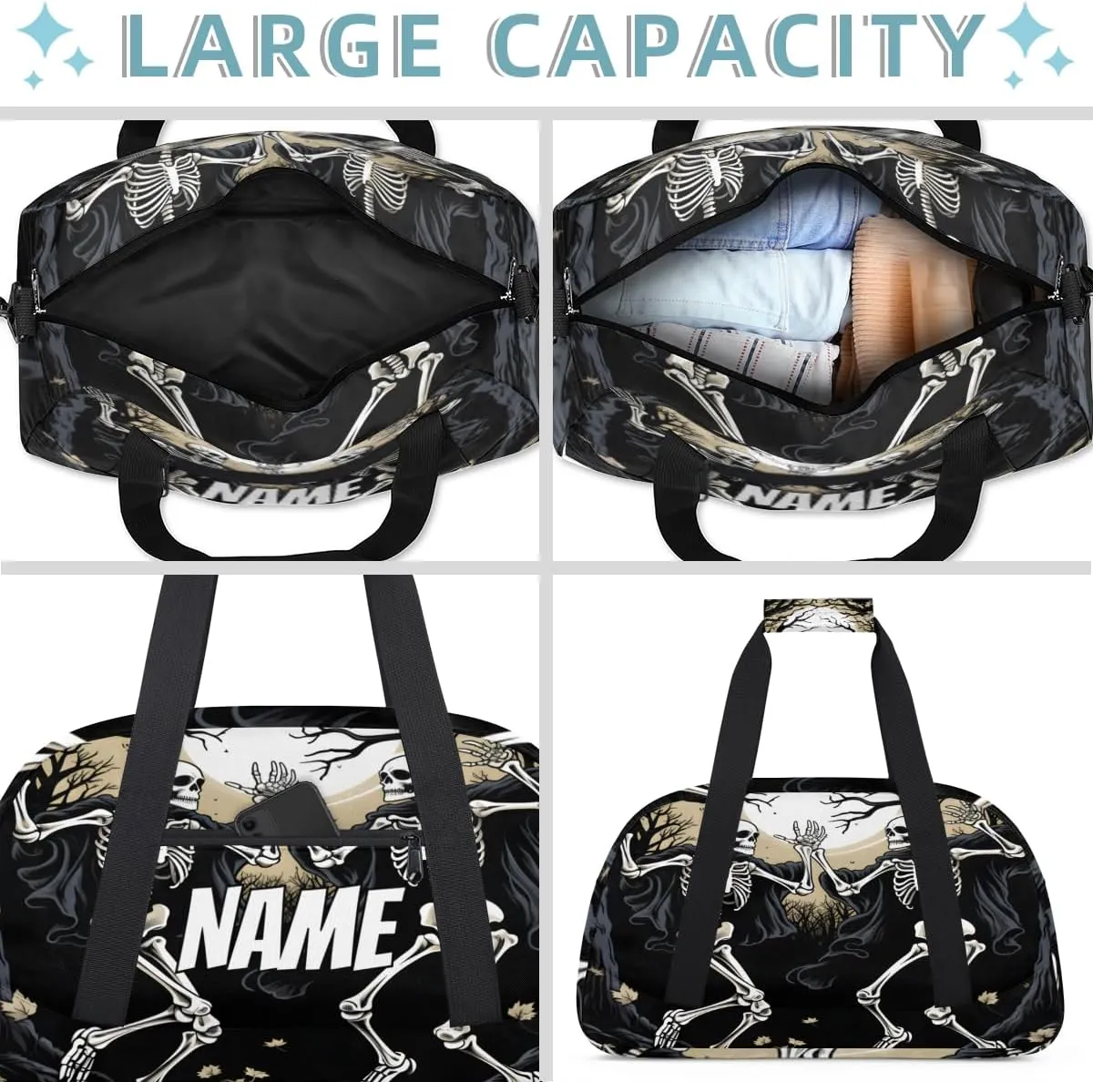 Personalized Custom Gym Bag for Women Men Carry on Funny Skeleton Travel Duffel Tote Dancing Skull Overnight Workout Weekender Bag