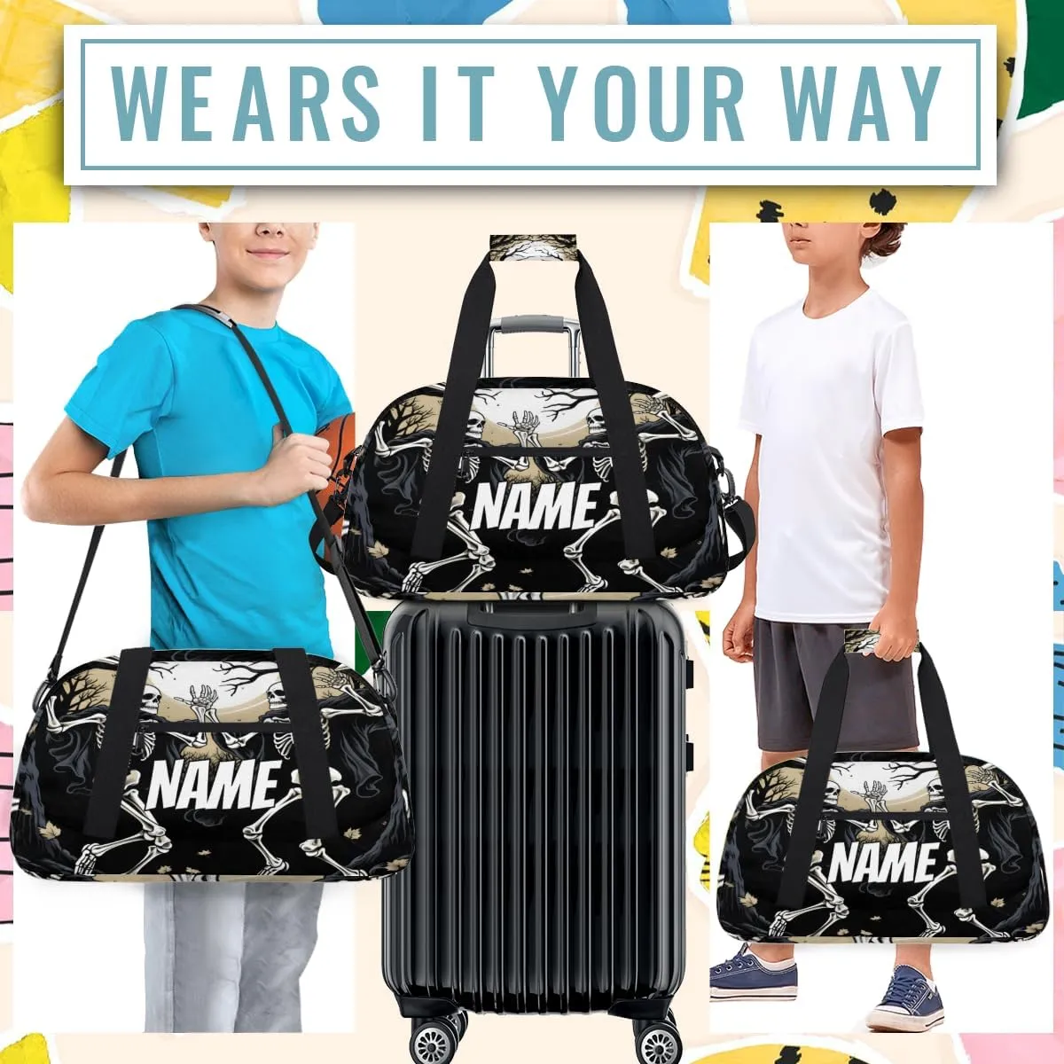 Personalized Custom Gym Bag for Women Men Carry on Funny Skeleton Travel Duffel Tote Dancing Skull Overnight Workout Weekender Bag