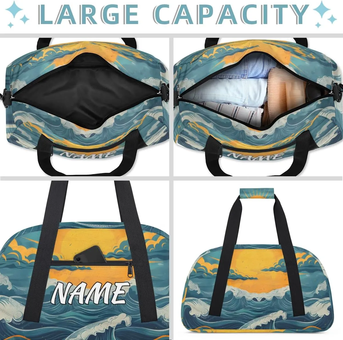 Personalized Custom Gym Bag for Women Men Carry on Great Waves Travel Duffel Tote Japan Art Overnight Workout Weekender Bag