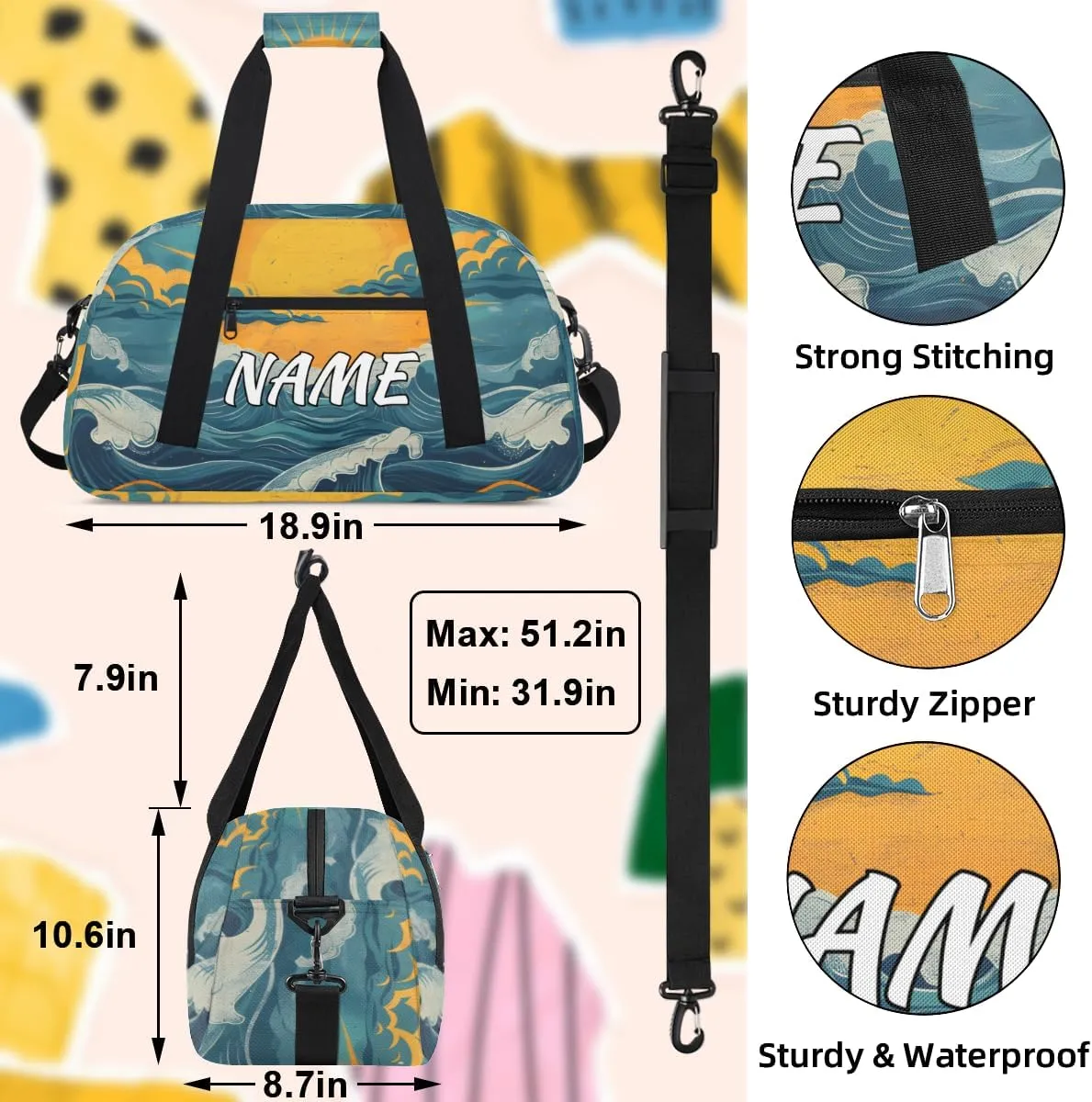 Personalized Custom Gym Bag for Women Men Carry on Great Waves Travel Duffel Tote Japan Art Overnight Workout Weekender Bag