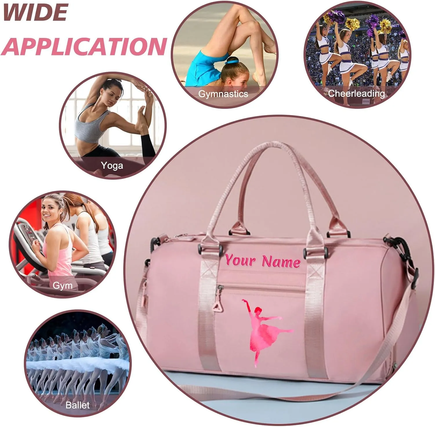 Personalized Embroidered Duffel Bag, Custom Sports Gym Bag with Name for Man Women, Girls Dance Bag Weekend Bag Travel Bag - with Shoulder Strap & Wet Dry Pockets & Shoe Compartment - White