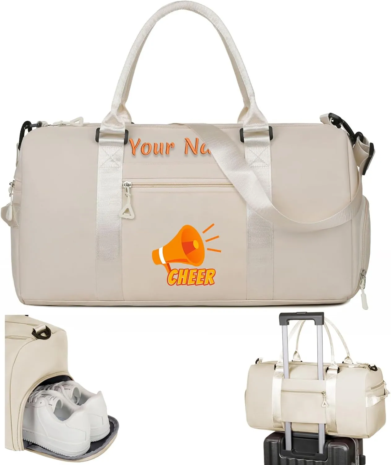 Personalized Embroidered Duffel Bag, Custom Sports Gym Bag with Name for Man Women, Girls Dance Bag Weekend Bag Travel Bag - with Shoulder Strap & Wet Dry Pockets & Shoe Compartment - White