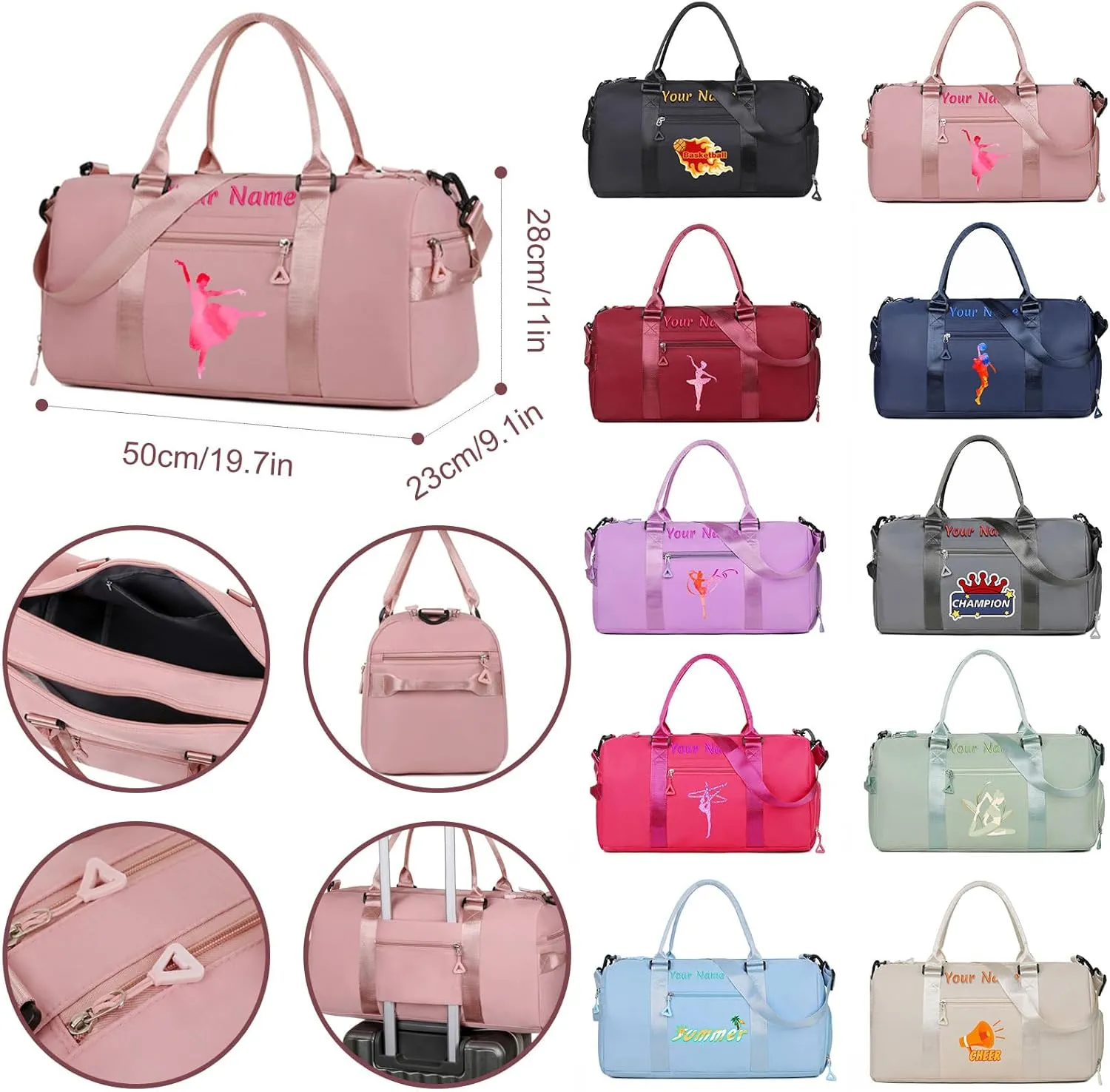 Personalized Embroidered Duffel Bag, Custom Sports Gym Bag with Name for Man Women, Girls Dance Bag Weekend Bag Travel Bag - with Shoulder Strap & Wet Dry Pockets & Shoe Compartment - White