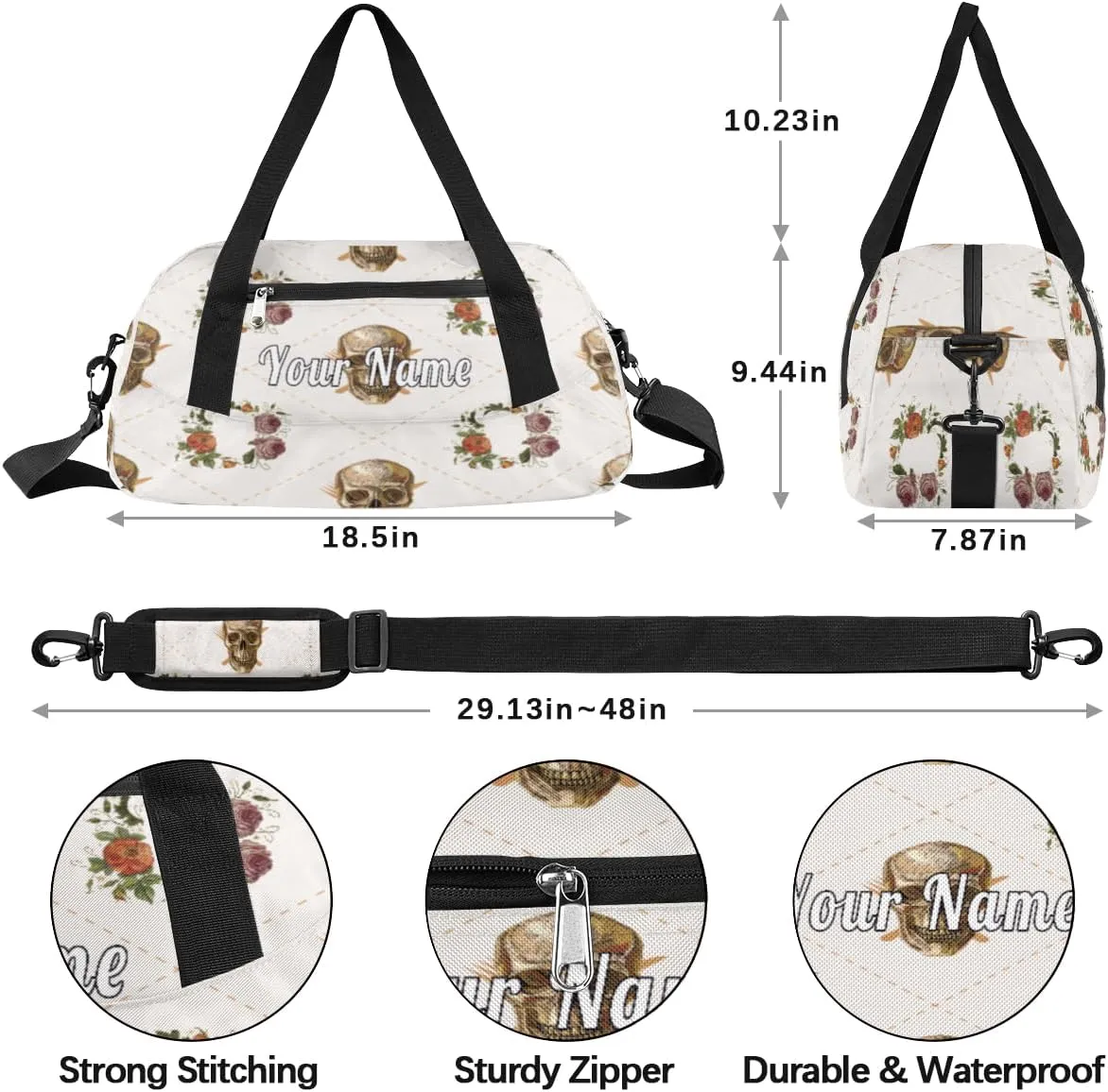 Personalized Kids Duffel Bag Vintage Rose Flower Skull Skeleton,Custom Sport Gym Bag for Boys Girls,WWeekender Overnight Bags Travel Duffel Bag,Customized Kids Gift