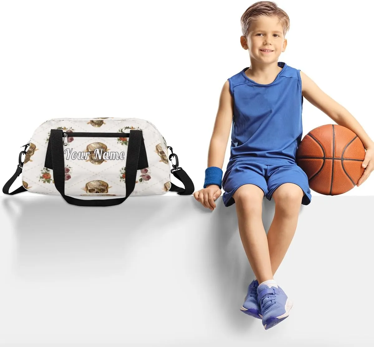 Personalized Kids Duffel Bag Vintage Rose Flower Skull Skeleton,Custom Sport Gym Bag for Boys Girls,WWeekender Overnight Bags Travel Duffel Bag,Customized Kids Gift