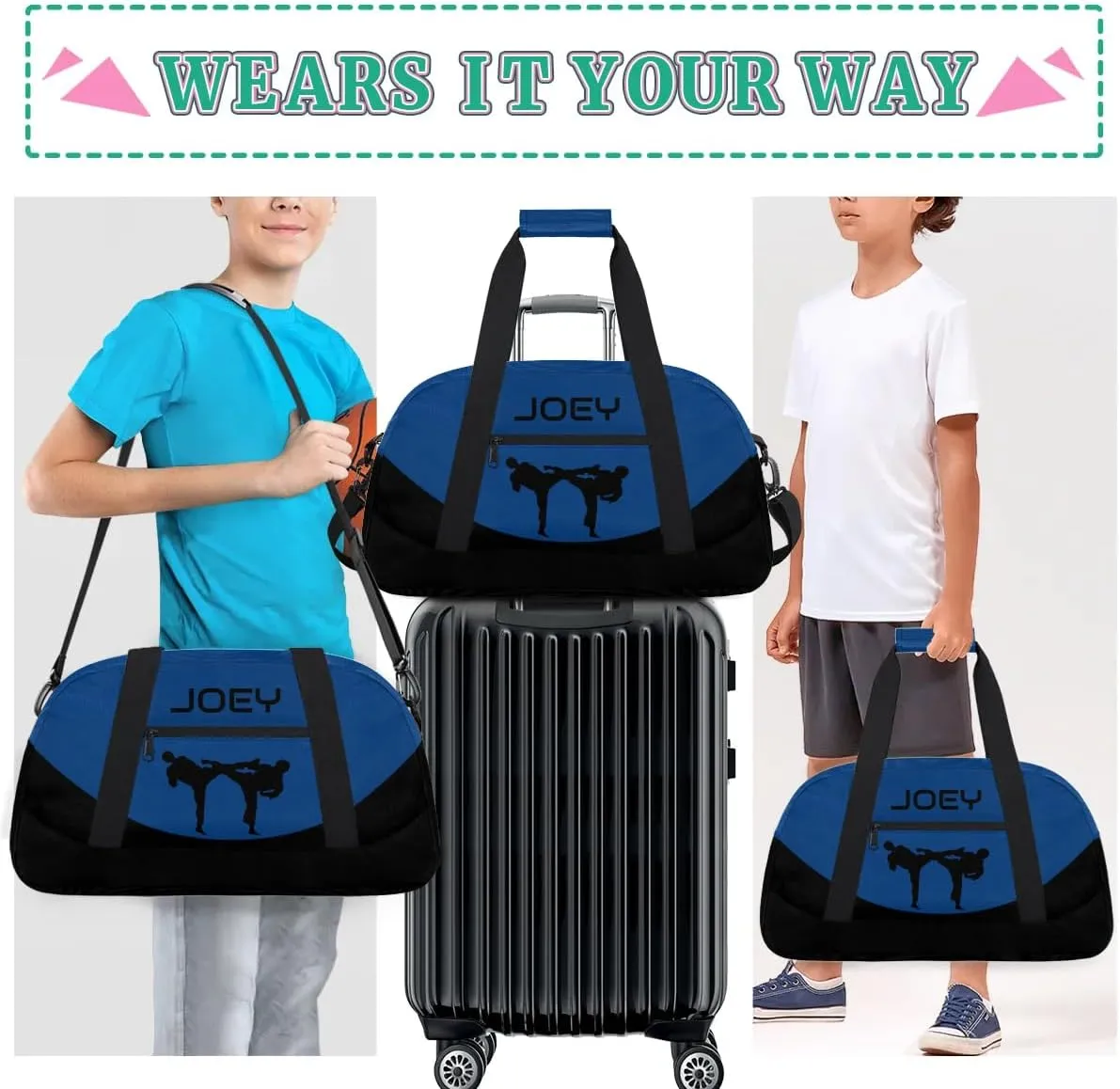 Personalized Martial Art Bag Duffel Bag for Boys Girls, Custom Taekwondo Karate Bag for Travel Weekender Practice Blue Black