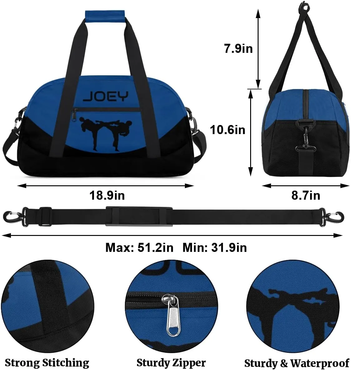 Personalized Martial Art Bag Duffel Bag for Boys Girls, Custom Taekwondo Karate Bag for Travel Weekender Practice Blue Black