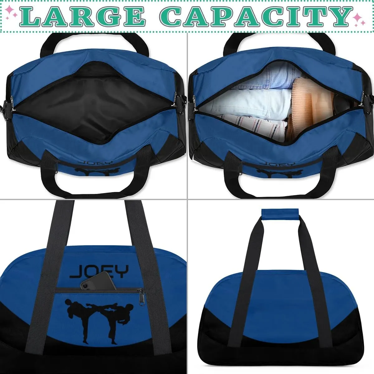 Personalized Martial Art Bag Duffel Bag for Boys Girls, Custom Taekwondo Karate Bag for Travel Weekender Practice Blue Black