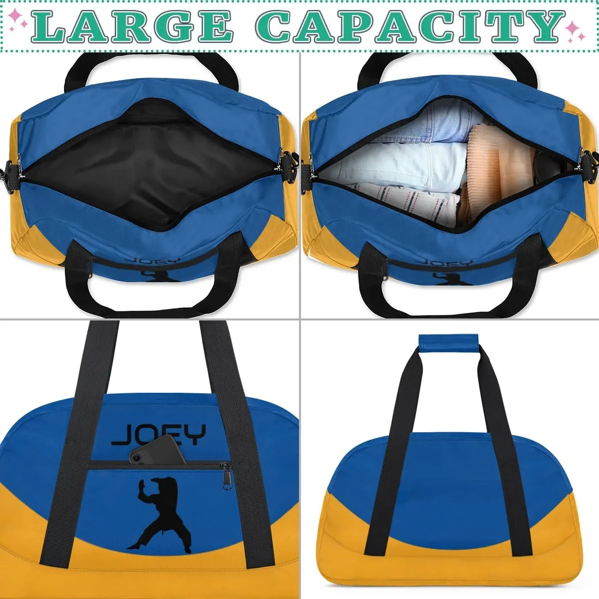 Personalized Martial Art Bag Duffel Bag for Boys Girls, Custom Taekwondo Karate Bag for Travel Weekender Practice Blue Yellow