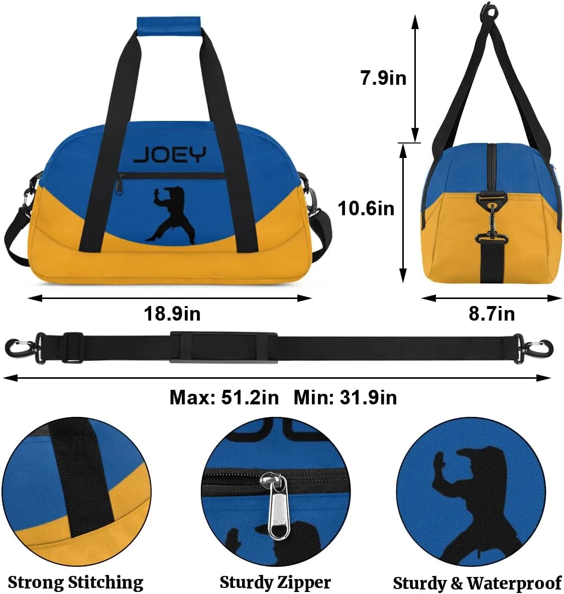 Personalized Martial Art Bag Duffel Bag for Boys Girls, Custom Taekwondo Karate Bag for Travel Weekender Practice Blue Yellow